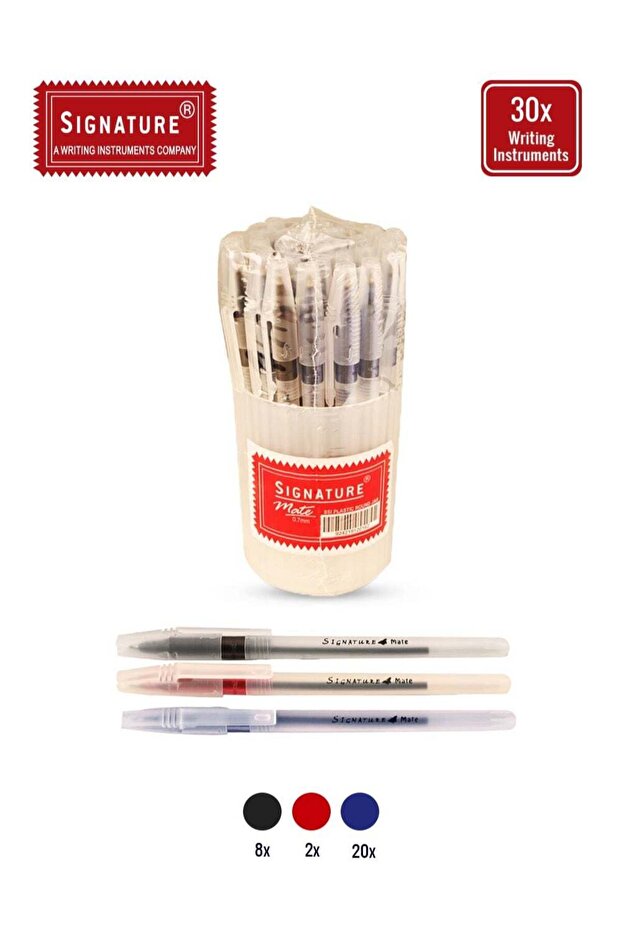 Signature Mate Stick Ballpoint Pens, 30-Piece Jar - Smooth Writing in Blue, Black, and Red
