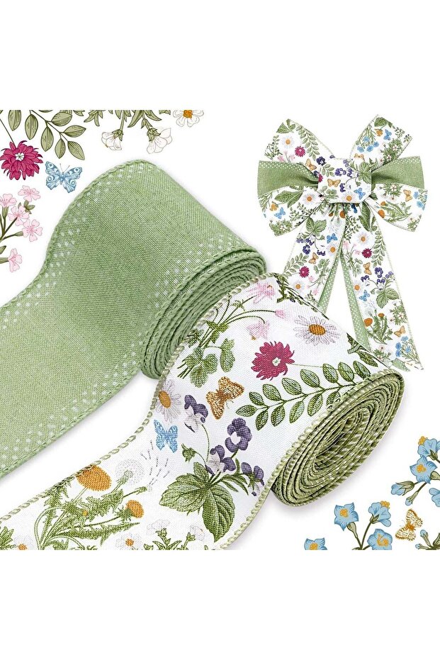 2 Rolls Sage Green Wildflowers Wired Ribbon - (6.4cm Wide x 5 Yards Each), Retro Floral Burlap Styl