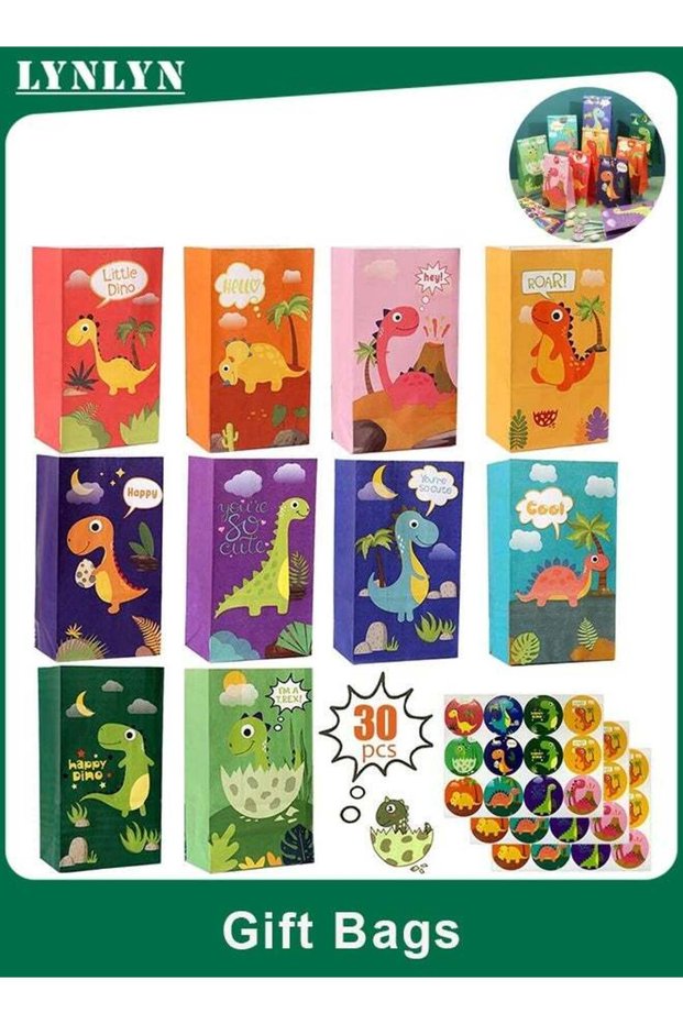 30 Thick Dino Paper Gift Bags with 36 Stickers, Dinosaur Party Favor Bags, Recyclable Candy Treat B