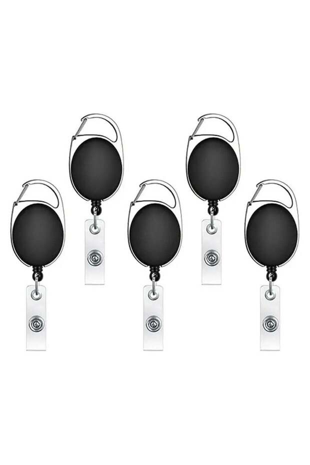 [Pack of 5] Black Retractable Badge Holder with Reel Clip – Durable ID Card Holder for Work, Office