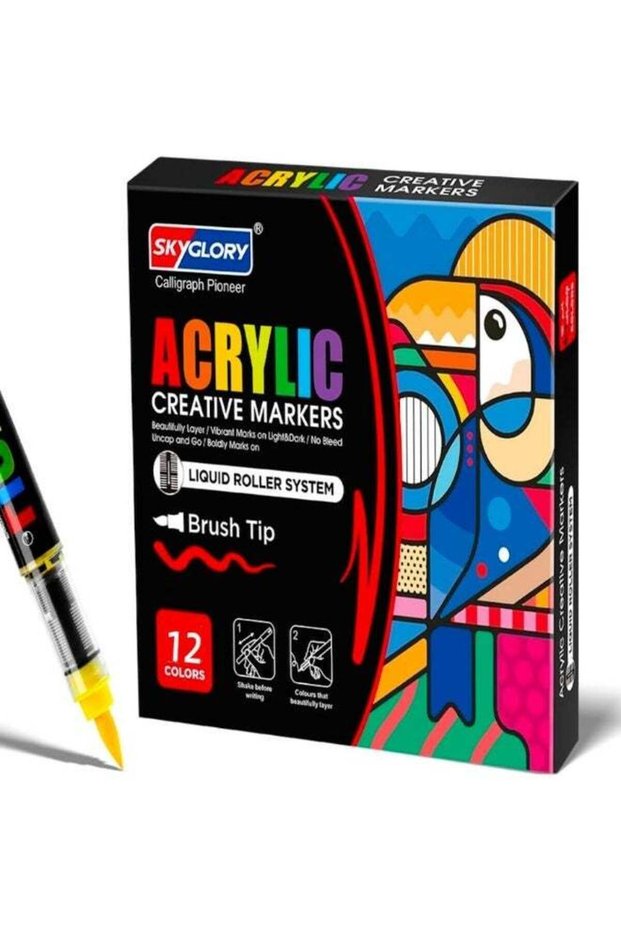 12-Color Acrylic Paint Markers with Brush Tip, Water-Based No-Bleed Markers with Automatic Ink Cont