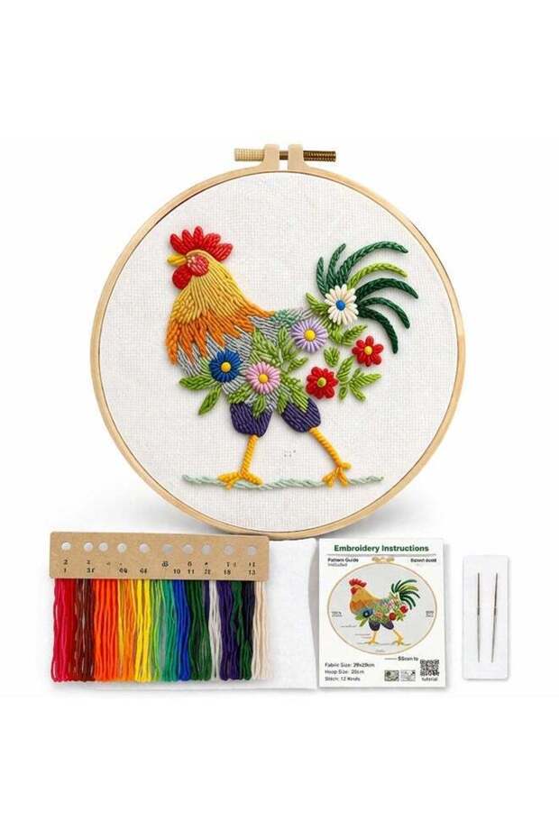 Mordely Embroidery Kit for Beginners and Adults, Rooster Floral Hand Embroidery Starter Kit with 20