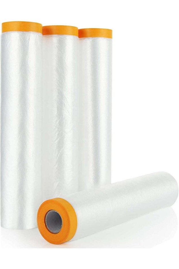 4 Rolls Pre-Taped Plastic Dust Sheets 12m x 2.4m Waterproof Masking Film for Painting, Furniture, F