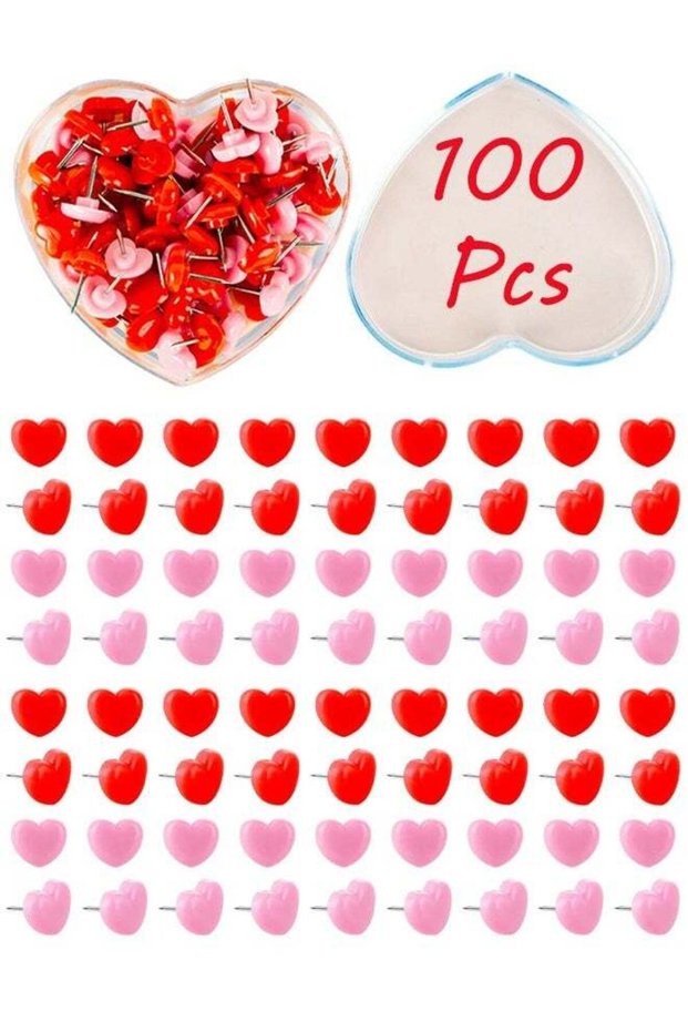 100pcs Push Pins 0.49inch Plastic Pushpins Pink & Red Push Pins Heart Shaped Cute Thumb Tacks Decor