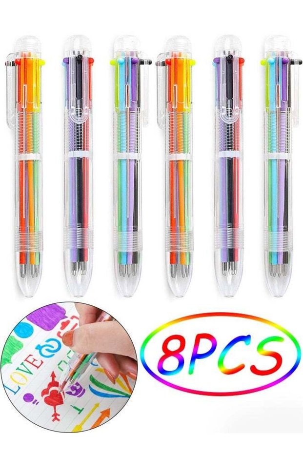 8 Pack 6 Colors Retractable Shuttle Pens 0.5mm 6 in 1 Multicolor Ballpoint Pens with Transparent Ba