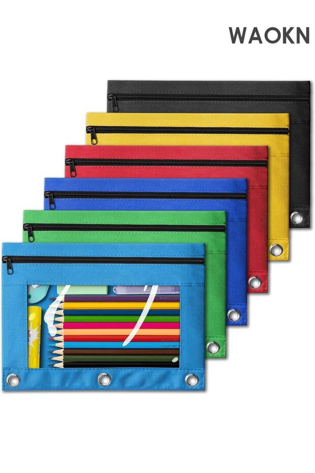 Pencil Pouch for 3 Ring Binder, Bulk 6 Pack 3-Holes Zipper Pencil Pouches in Assorted Colors, Sturd