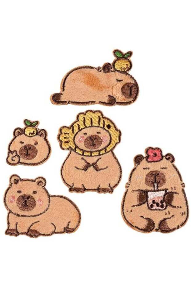 5pcs Iron-on Patches Animal Embroidered Appliques, Cute Capybara Stick-On Patch for Clothes, Hats,