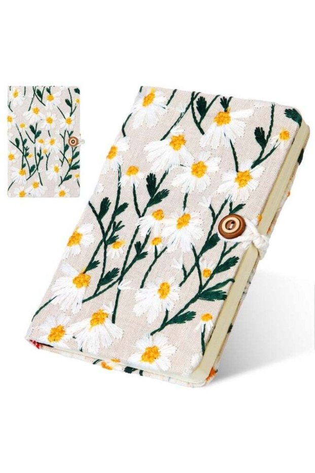 Daisy Embroidered Hardcover A6 Notebook, Spiral Ruled Journal, Linen Diary for Women, Office and Sc