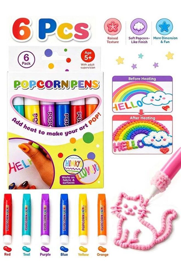 6 Colors Magic Bubble Drawing Pens 3D Popcorn Puffy Paint Pens for Kids - Heat Activated DIY Art Cr