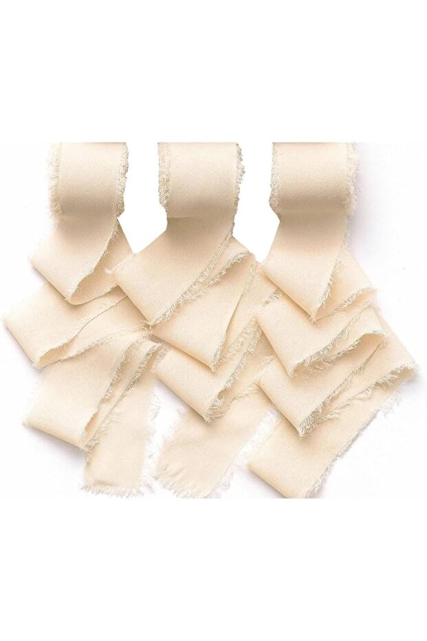 3 Rolls Handmade Fringe Chiffon Silk Ribbon, Champagne Beige Ribbons Set