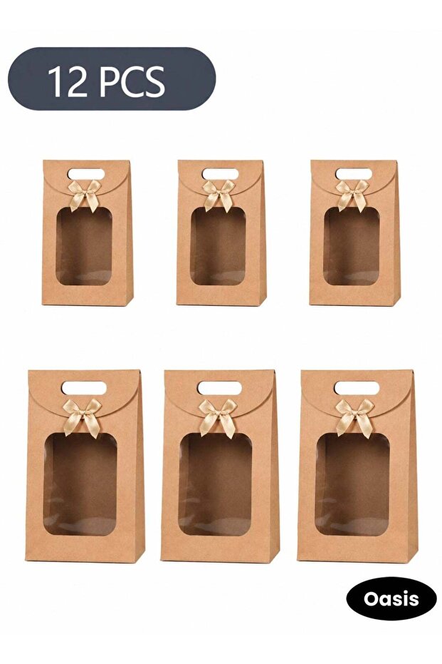 12 Pcs Kraft Paper Gift Bags with Window and Bow, Assorted Sizes Premium Goody Treat Bags with Hand