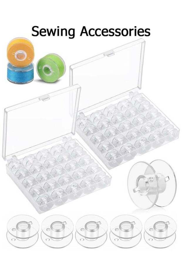 50Pcs Clear Plastic Sewing Spools with 2 Storage Box, Universal Compatible Spools for Sewing Access