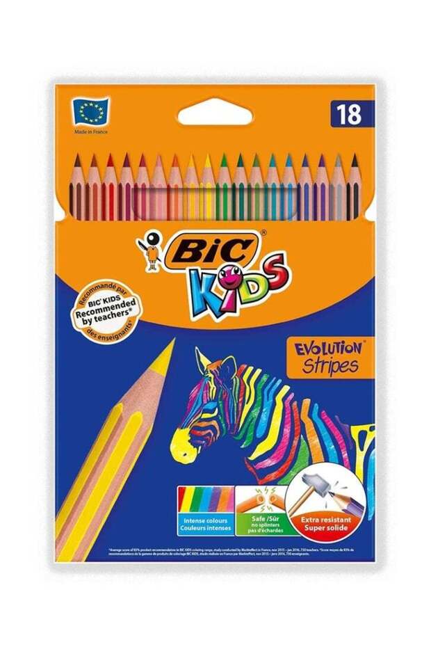 BIC Kids Evolution Stripes Colouring Pencils, Easy to Sharpen, Assorted Colours (Pack Of 18)