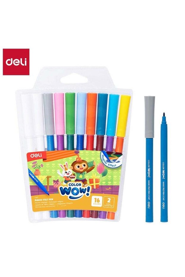 Deli EC167 Magic Felt Pen Set – 16 Colors + 2 Color Changers, Magical Color-Changing Effect, Non-To