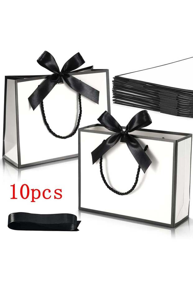 10Pcs White Gift Bags, Paper Bags with Ribbon, Portable Party Bags with Handles, Birthday Gift Bags