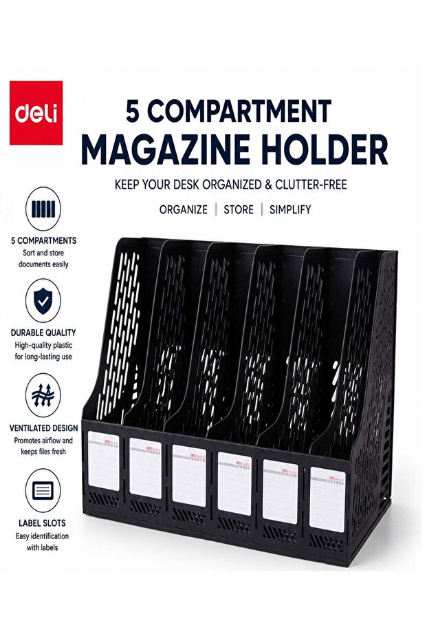 1-Piece Magazine Holder Plastic With Five Compartments Black