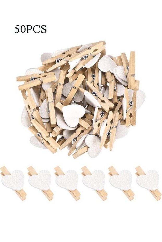 50 white heart-shaped wooden photo clips, mini clothespins for holding photos.
