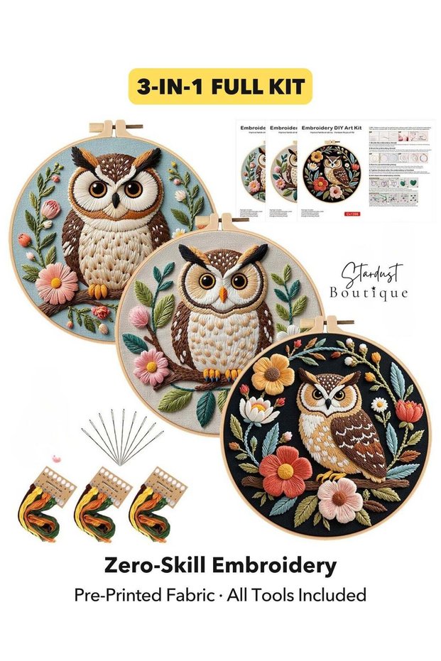 3-in-1 Owl Embroidery DIY Starter Kit with 20cm Bamboo Hoop, Stamped Cotton Fabric, Vibrant Threads