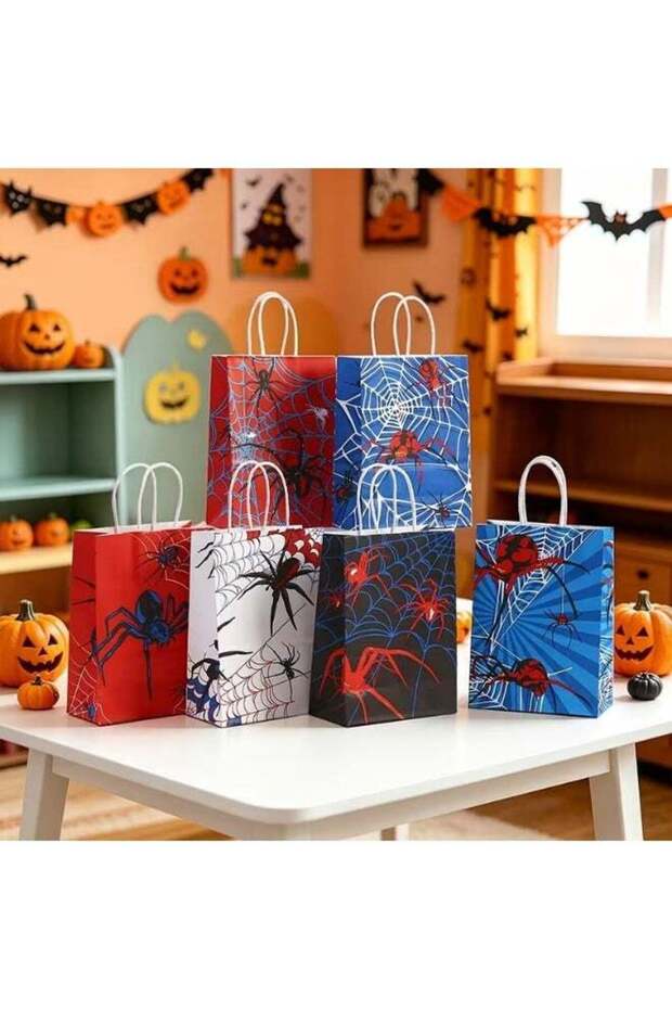 6pcs Spider Man Themed Gift Bags Suitable for Halloween & Birthday Parties - Mixed-Color Spider Web