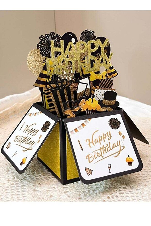 3D Box Black Gold Greeting Card with Envelope Happy Birthday Card Pop Up Creative Folding Blessing