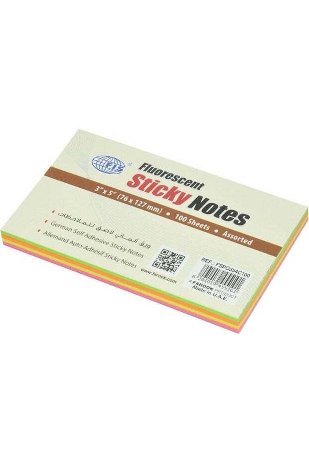 FIS Fluorescent Sticky Notes, Assorted Colors, 3 x 5 Inch, 100 Sheets Assorted Fluorescent