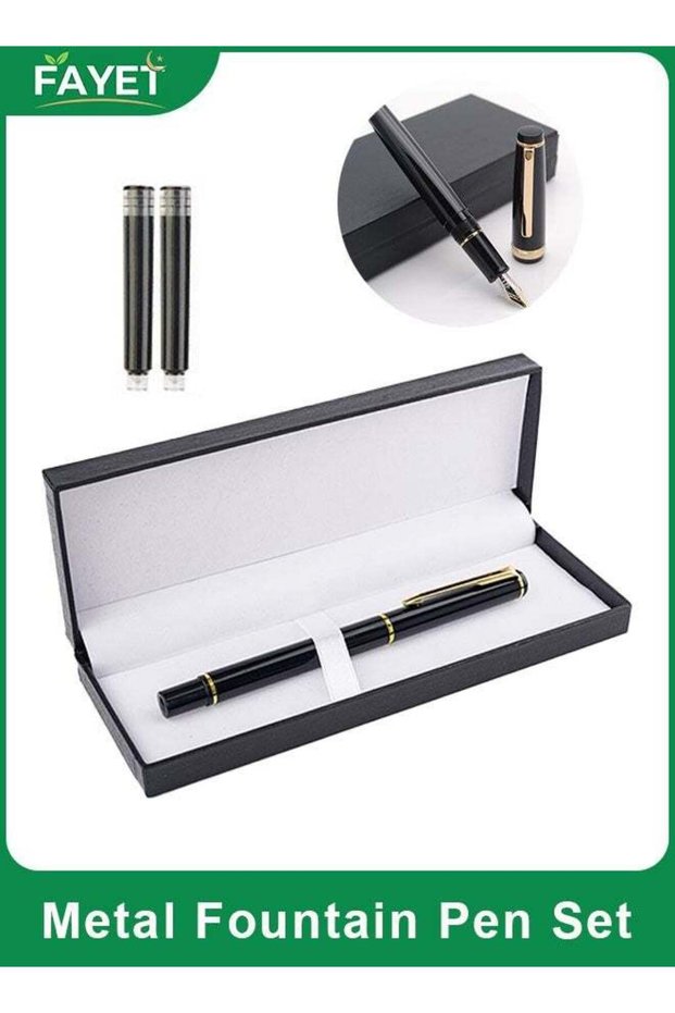 Metal Fountain Pen with 0.5mm Medium Nib, Glossy Piano Painted Finish, Includes 2 Ink Cartridges, B
