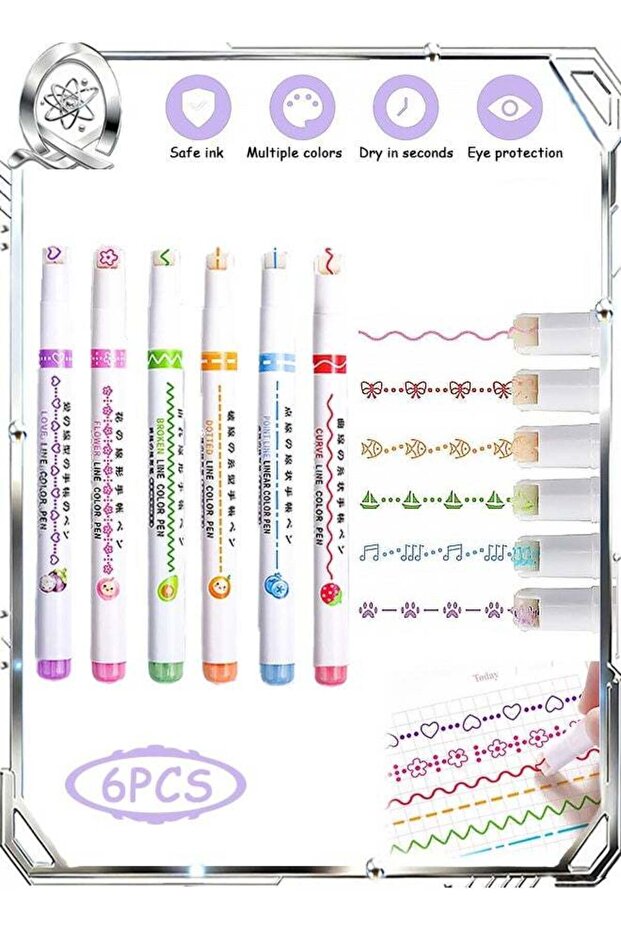 6 Pcs Curve Highlighter Pen, Roller Pens with 6 Different Curved Shape, for Drawing Note Taking Art