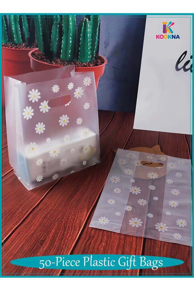 50Pcs Gift Bags, Plastic Bag with Handles, Clear Packaging Bags for Wedding Party and Bakery, Water