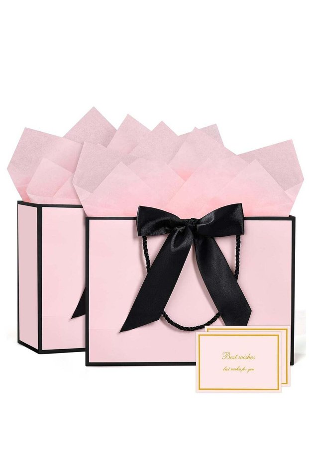 2PCS Black-Pink Large Gift Bags, Paper Bags with Ribbon, Greeting Cards and Tissue Paper, Portable