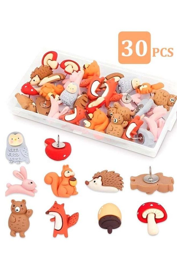 30PCS Vibrant Forest Animal Push Pins, Cute Cartoon Drawing Pins Playful Decorative Thumb Tacks for