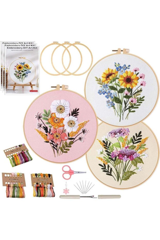 3 Sets Embroidery Kit for Beginners - Cross Stitch Kits with 3 Hoops and Easy Instructions