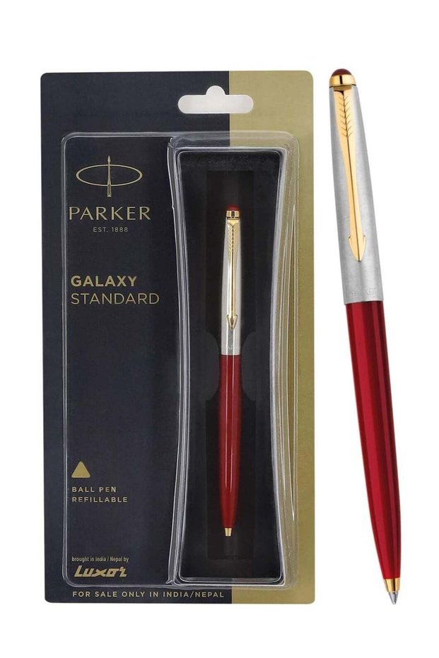 Parker Galaxy Stainless Steel Gold Trim Ball Pen - Red Body