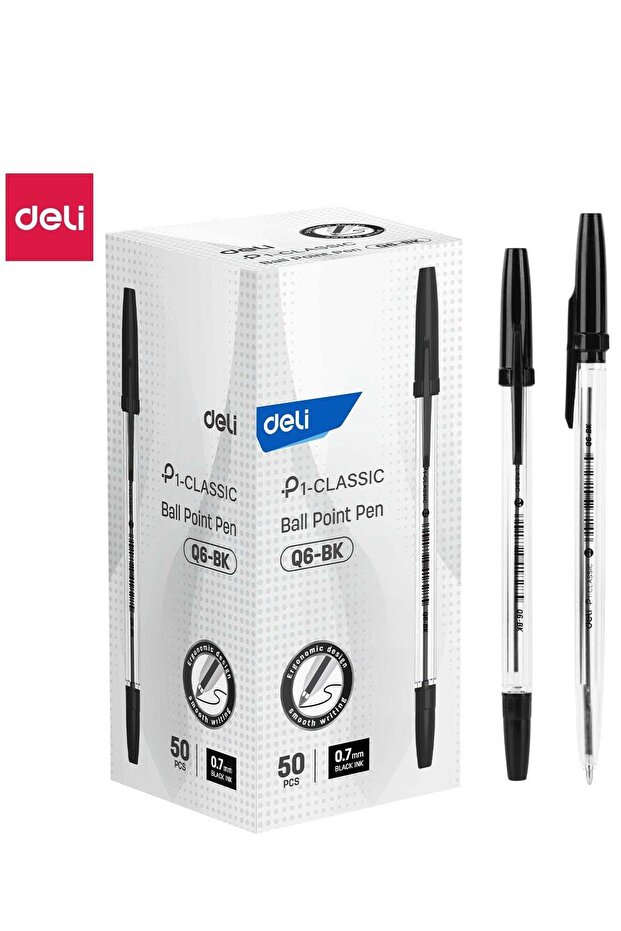 Deli Q6-BK Ballpoint Pens, 0.7mm Fine Point, Black Ink, Smooth Writing Office Pens, 50 Pack.