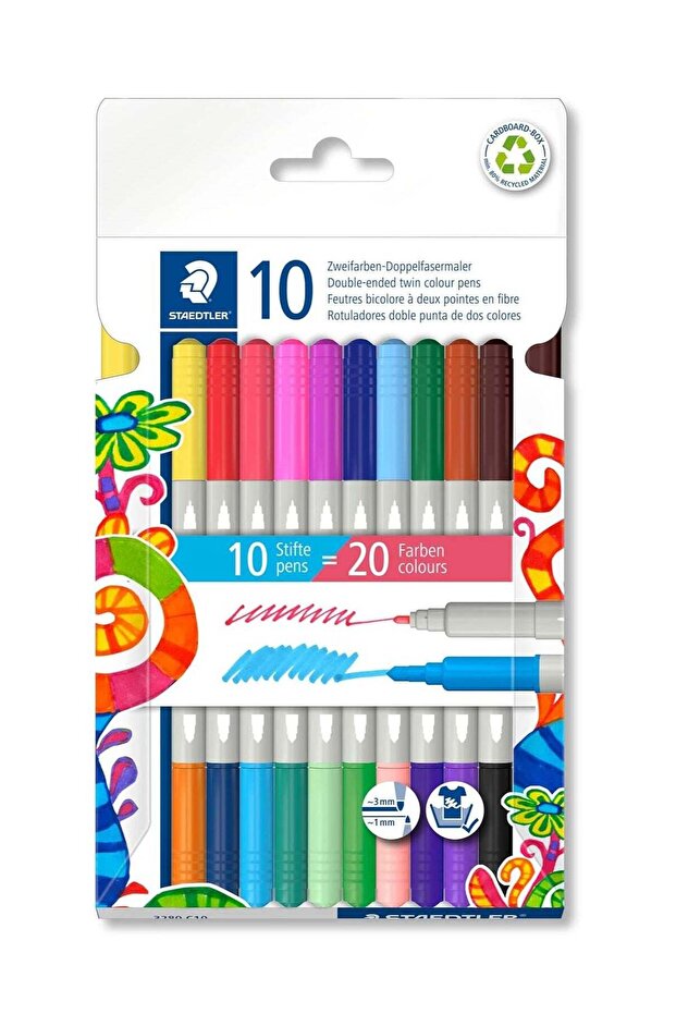 10-Piece Twin-Colour Double-Ended Fibre-Tip Pens With 20 Assorted Colours