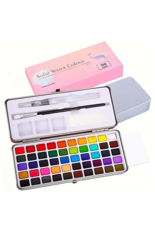 50-Color Watercolor Paint Set, Portable Metal Boxed Solid Pigment Supplies, Travel Watercolor Kit W