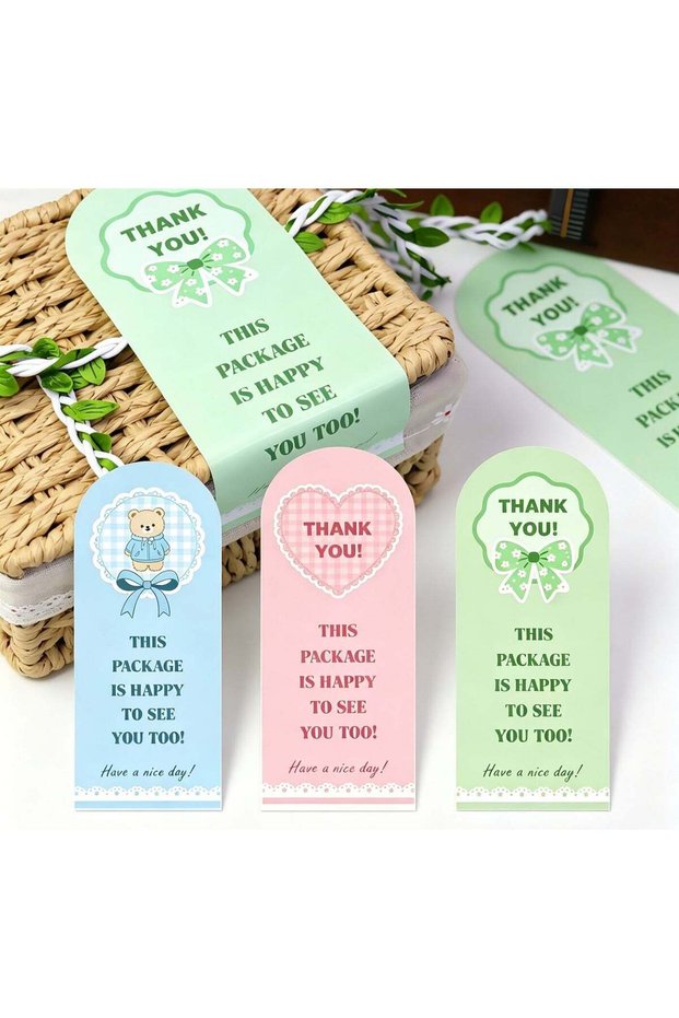 Cute Thank You Package Seal Sticker Bands, 3 Pastel Designs Bear Bow Heart Wrapping Paper Bands, 15