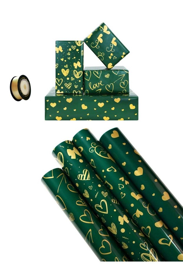 8 Sheets Valentine's Day Gift Wrapping Paper, Green with Gold Heart Gift Wrapping Paper, Birthday G