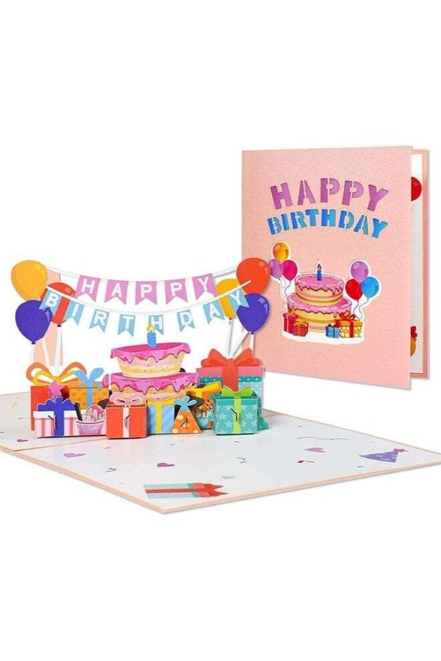 Happy Birthday Pop Up Card, 3D Birthday Flag Pulling Cake Card, Birthday Greeting Cards with Envelo