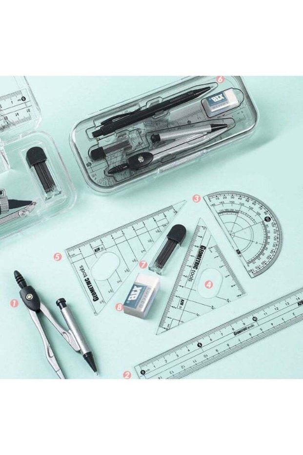 8‑Piece Student Geometry Math Set, Black Compass Ruler Drawing Tool Kit with Clear Storage Case, Sc