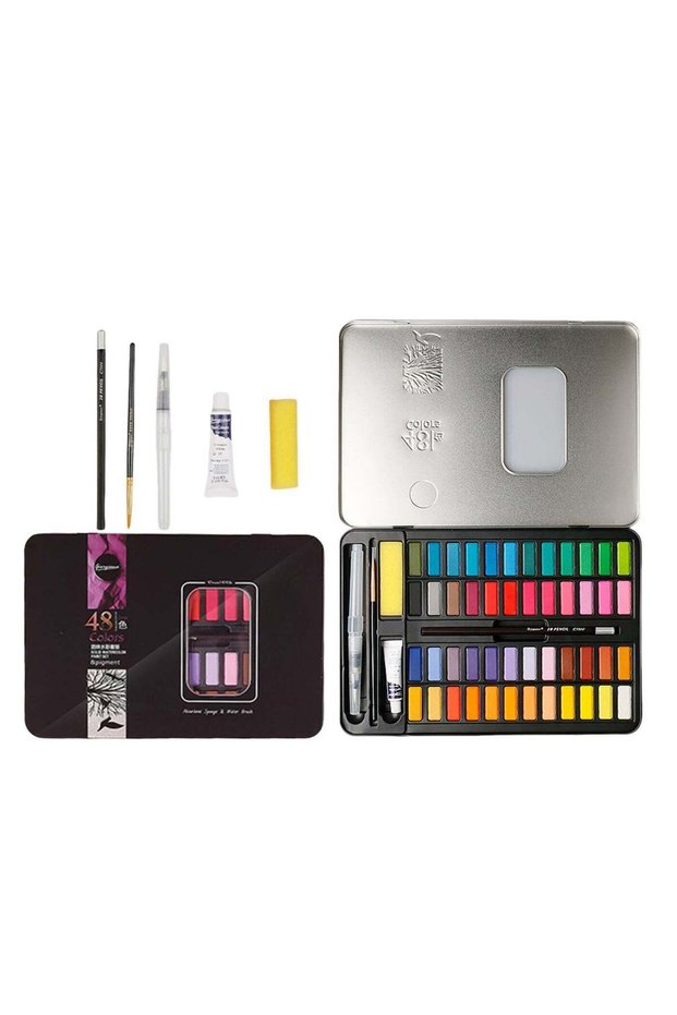 48 Colors Solid Watercolor Paint Set Art Supplies Fountain Pen 7 Piece Contains Pencils, Brushes, F