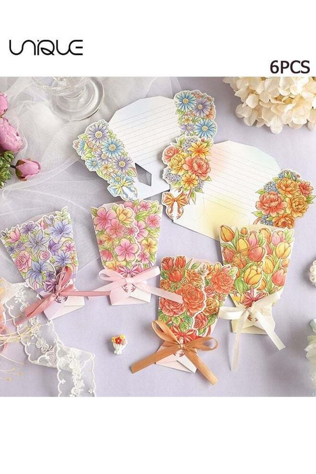 6 Sheets 3D Flower Bouquet Bow Greeting Card - Foldable Bouquet Blank Greeting Card - 6 Styles - Fl