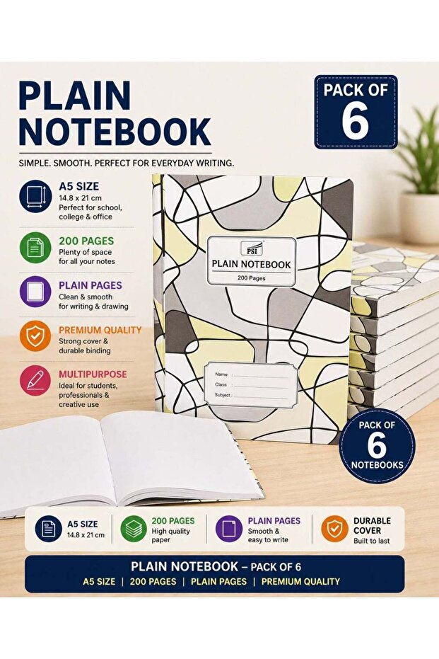 6-Piece A5 Size Exercise Plain Notebook 200 Pages