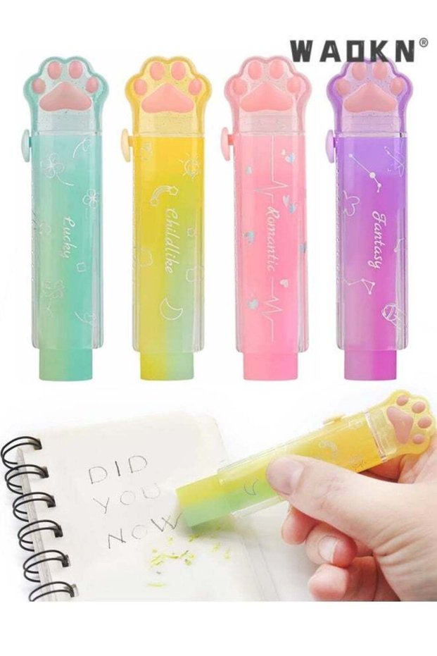 4Pcs Sliding Retractable Pencil Erasers with Cat Paw Plastic Sleeve Cute Jelly Erasers for School O