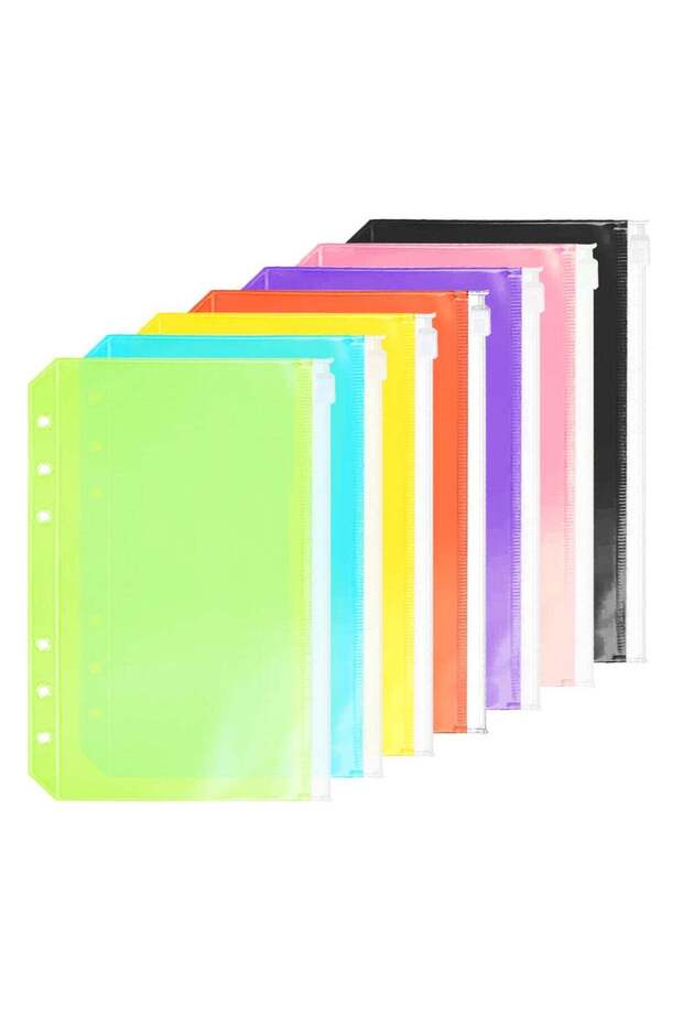 7 Pack A5 6 Holes Binder Pockets Plastic Binder Zipper Folders Waterproof 6 Holes Zipper Loose Leaf