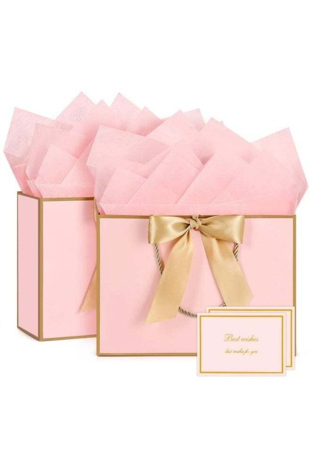 2pcs Pink Gift Bag Set,Paper Bags with Ribbon, Greeting Cards and Tissue Paper, Portable Party Bags