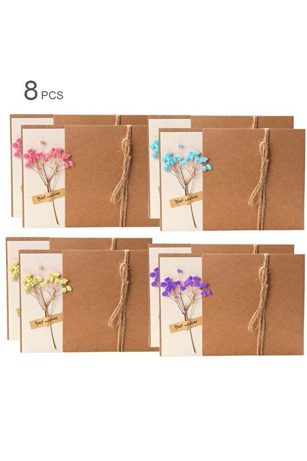 8 Pack 7"x5" Dried Flowers Greeting Cards, Babysbreath Handmade Blank Note Card Flower Invitation C