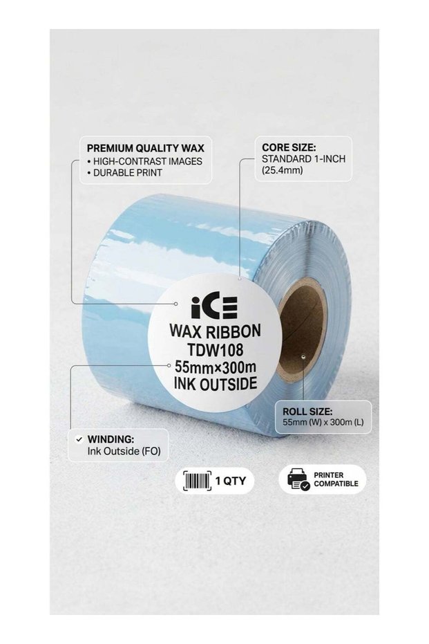 iCE TDW108 Premium Wax Ribbon Roll – 55mm x 300m (Ink Outside)