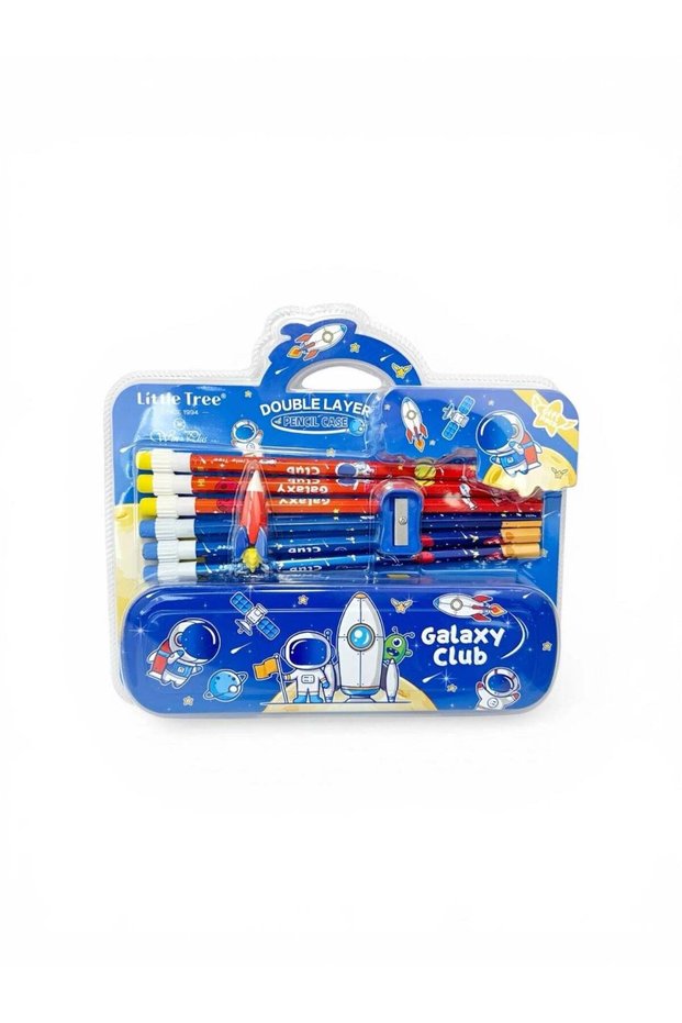 Little Tree 9-Piece Galaxy Club Double Layer Pencil Case Set with Stationery - Blue Space Theme for