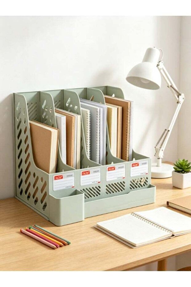 Desktop File Holder Organizer with Pen Holder, 4 Vertical Slots Plastic Document Sorter Rack, Desk