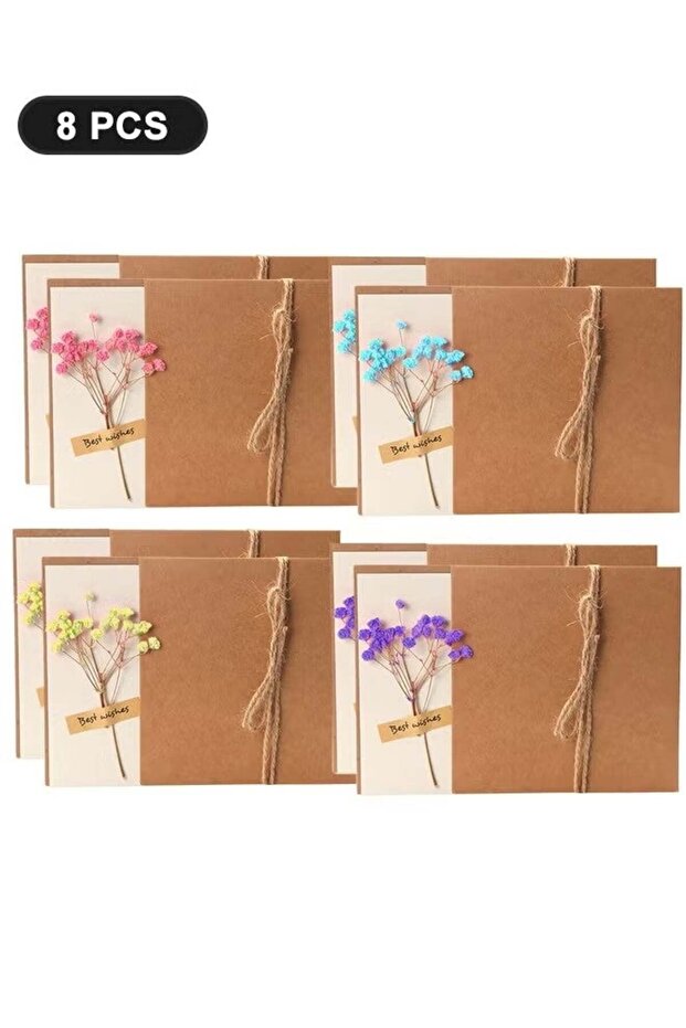 8 PCS 7"x5" Dried Flowers Greeting Cards, Handmade Blank Note Card Flower Invitation Card with Enve